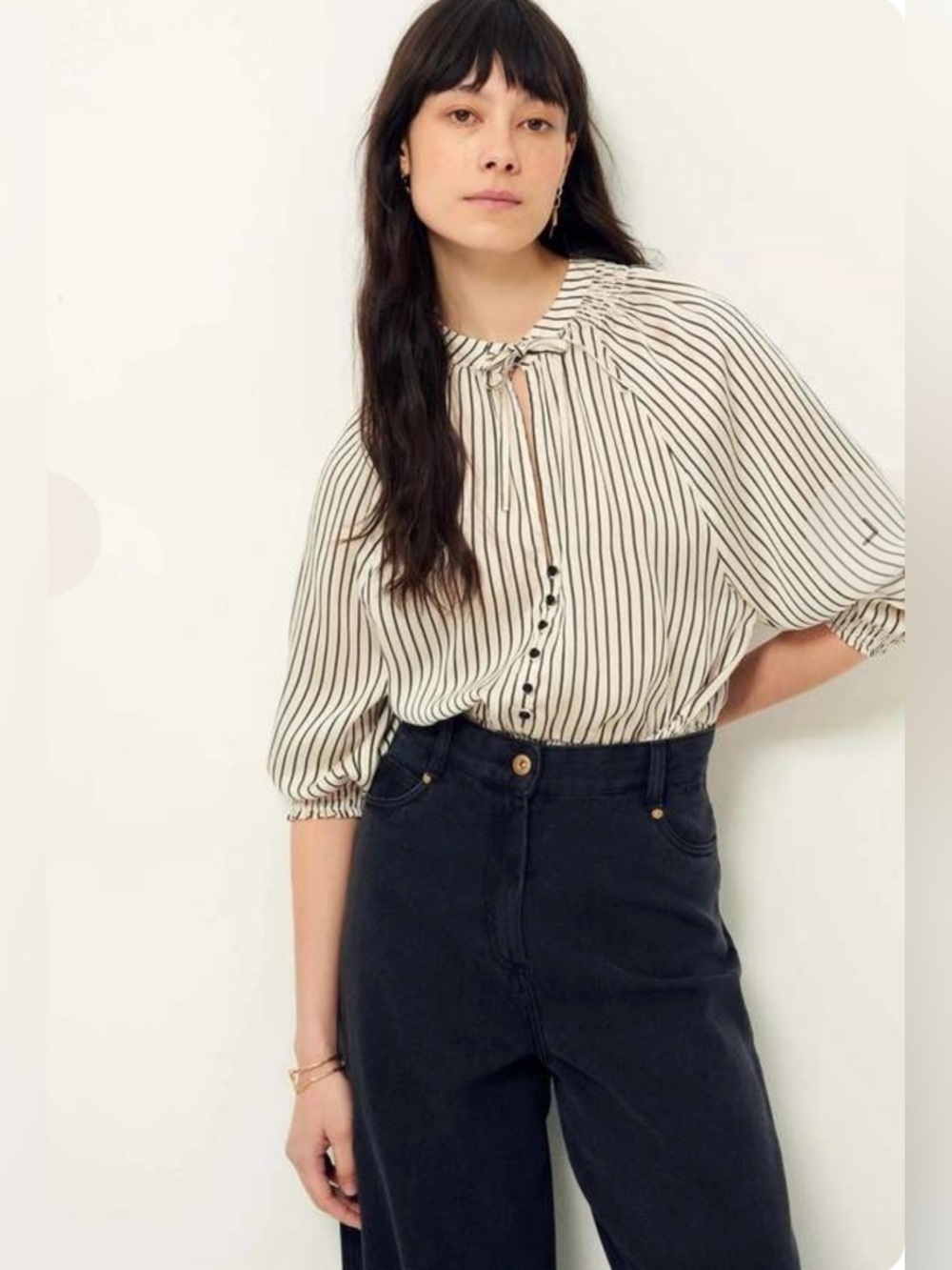Sessun Striped Silk Blend Smocked Blouse Top Size M